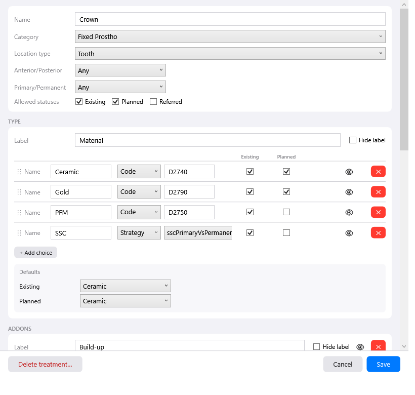 The Crown treatment opened — Ceramic, Gold, PFM and SSC with their D-codes, per-status availability, defaults and addons