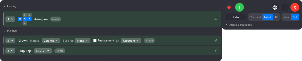 The same overlay in Edit mode — tooth dropdowns, surface picker and material controls open