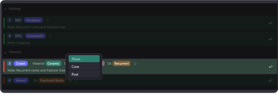 The Build-up picker open on the crown row — None, Core, Post — one click to change it
