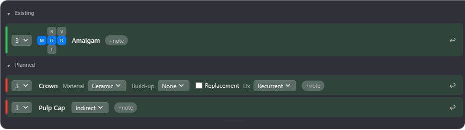 Rows expanded into edit mode with tooth, surface and material controls